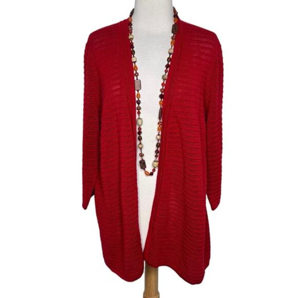 Chico's Travelers Collection Cardigan 3 Red Textured Open Front 3/4 Sleeve‎ XL
